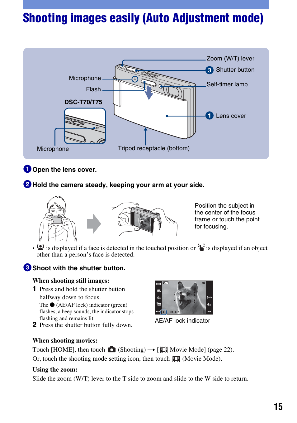 Shooting images easily (auto adjustment mode) | Sony DSCT70 User Manual | Page 15 / 40