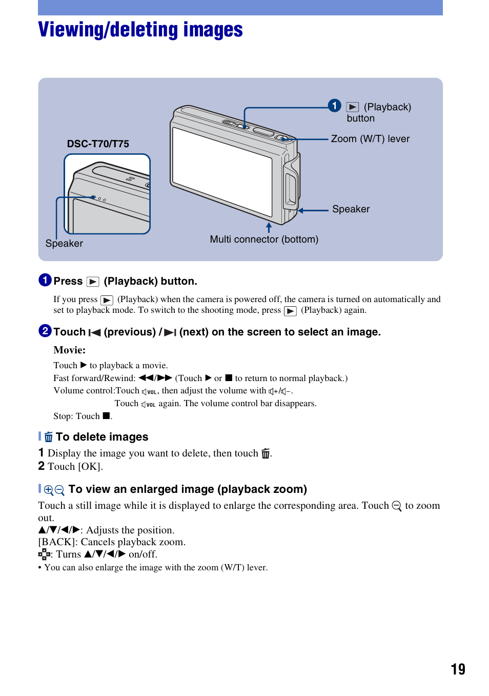 Viewing/deleting images | Sony DSCT70 User Manual | Page 19 / 40