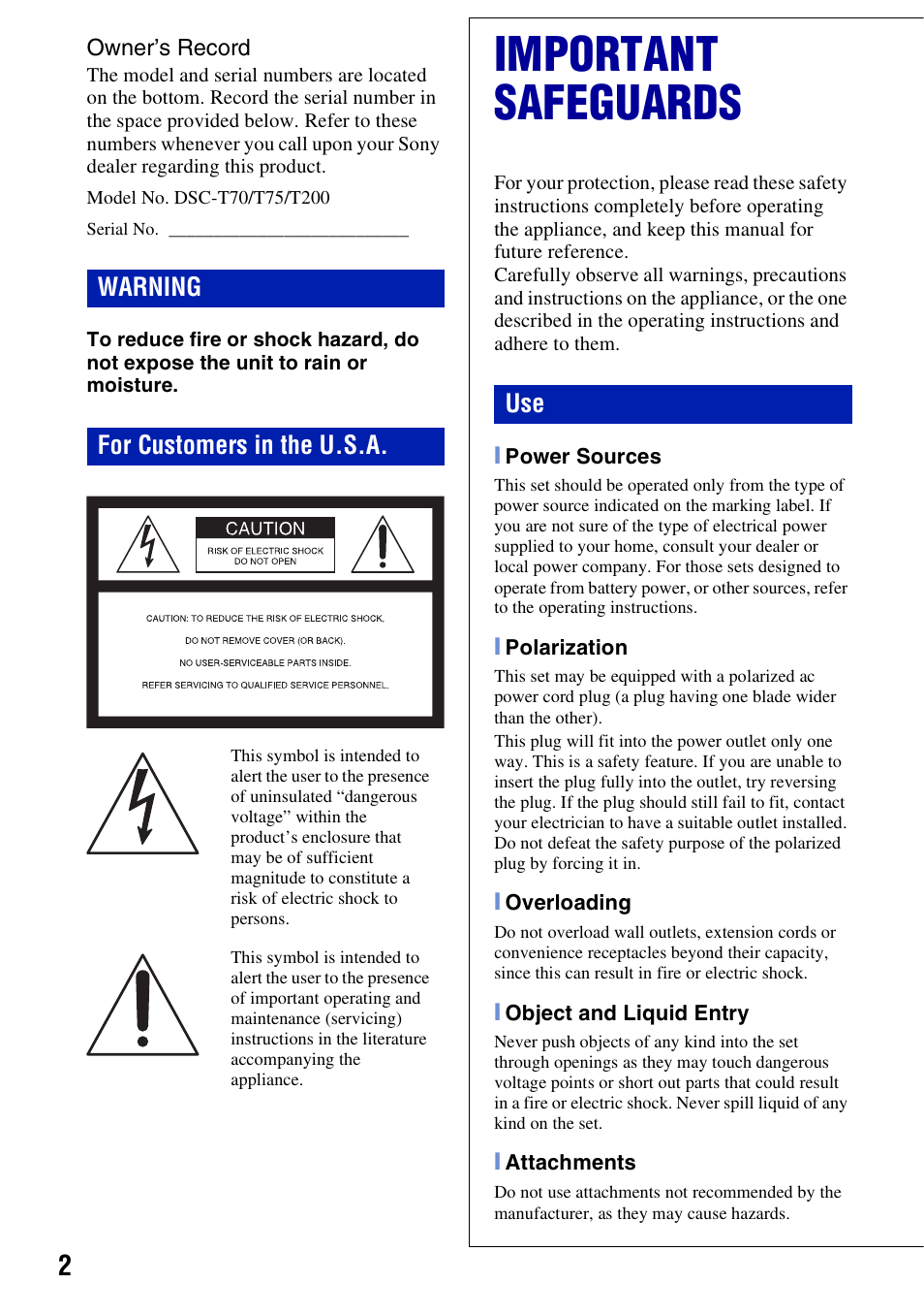 Important safeguards, Warning for customers in the u.s.a | Sony DSCT70 User Manual | Page 2 / 40