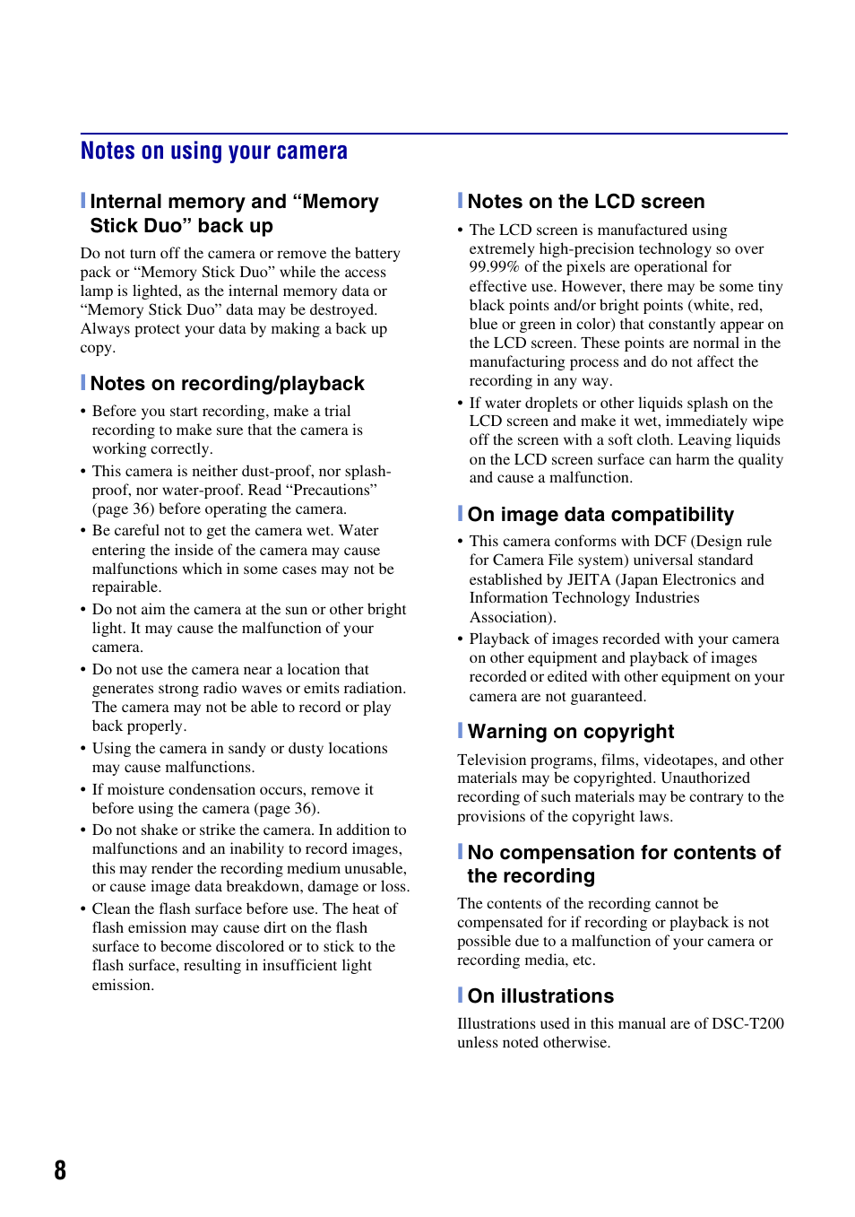 Notes on using your camera | Sony DSCT70 User Manual | Page 8 / 40