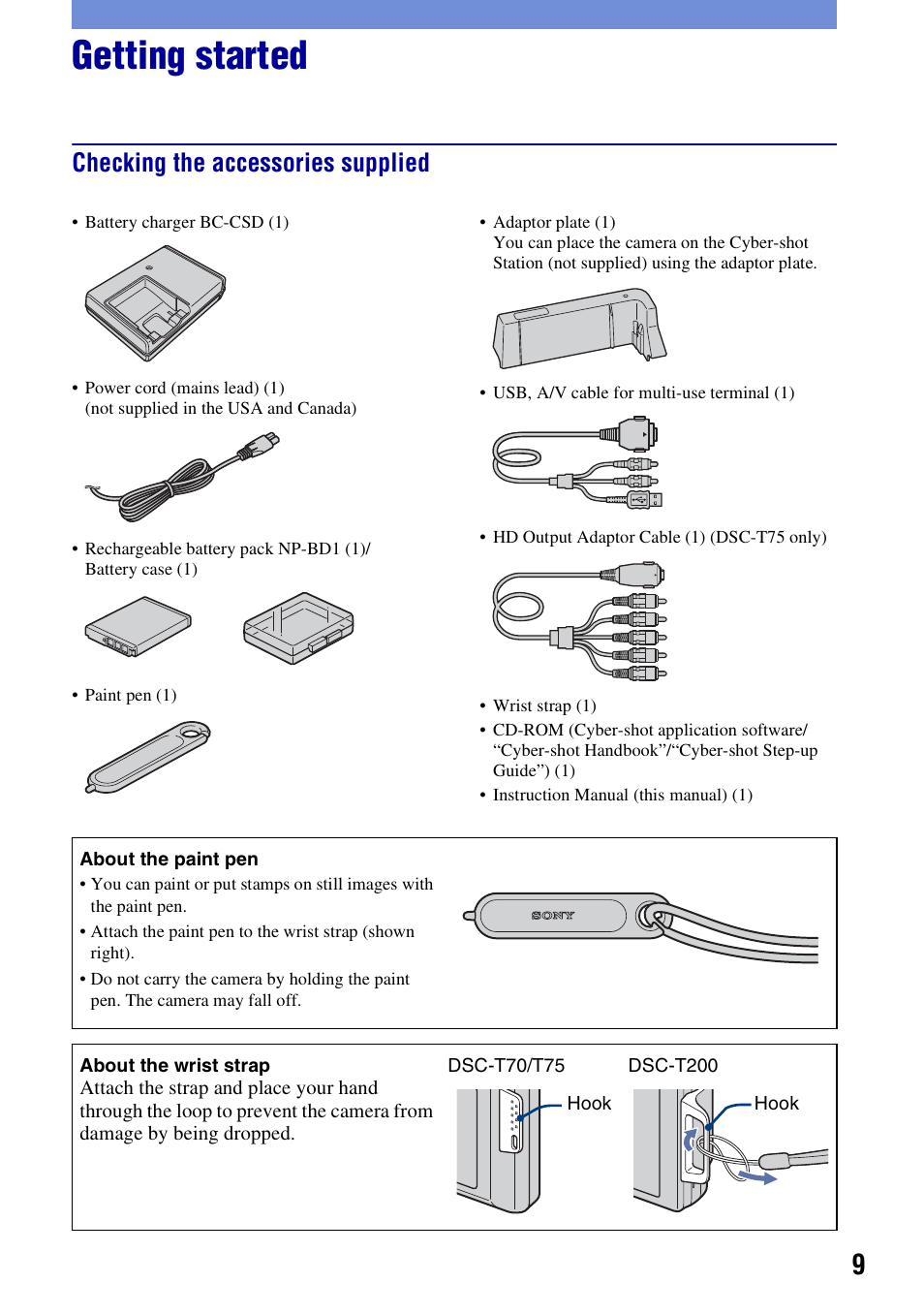 Getting started, Checking the accessories supplied | Sony DSCT70 User Manual | Page 9 / 40