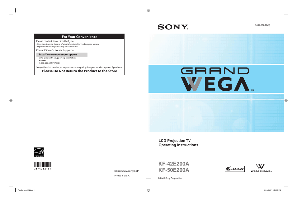 Sony GRAND WEGA 2-694-282-13(1) User Manual | 83 pages