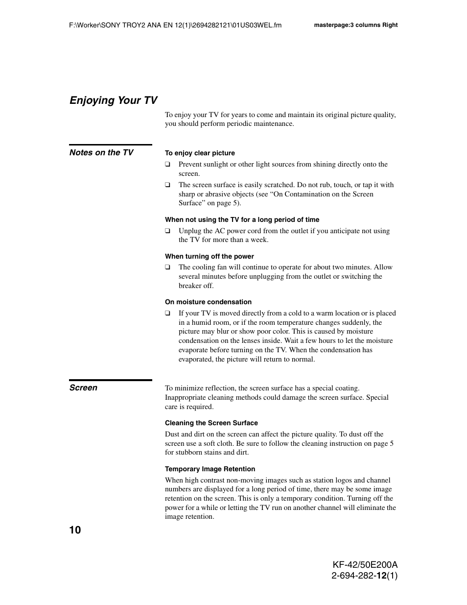 Enjoying your tv, Notes on the tv, Screen | Notes on the tv screen | Sony GRAND WEGA 2-694-282-13(1) User Manual | Page 10 / 83