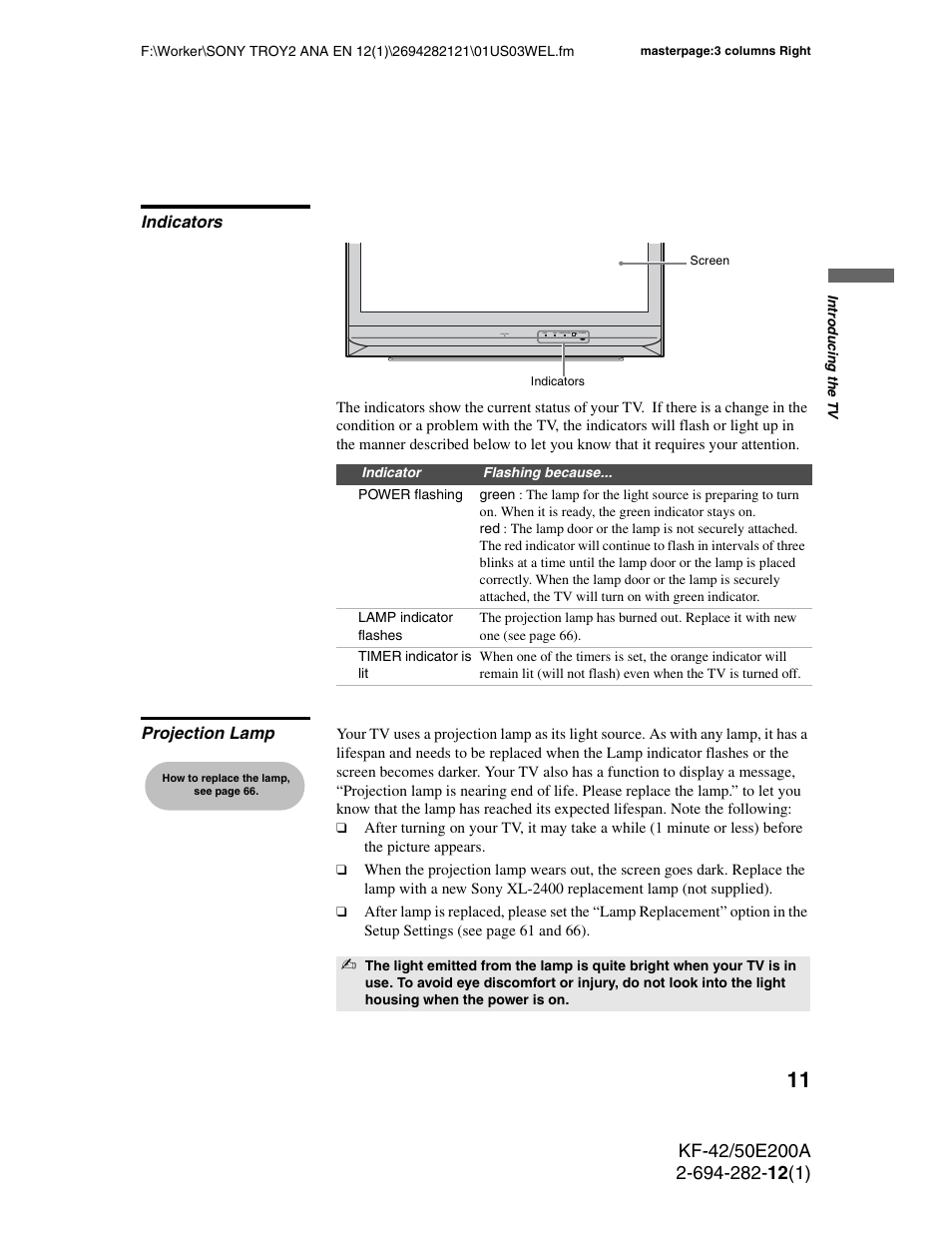 Indicators, Projection lamp, Indicators projection lamp | Sony GRAND WEGA 2-694-282-13(1) User Manual | Page 11 / 83