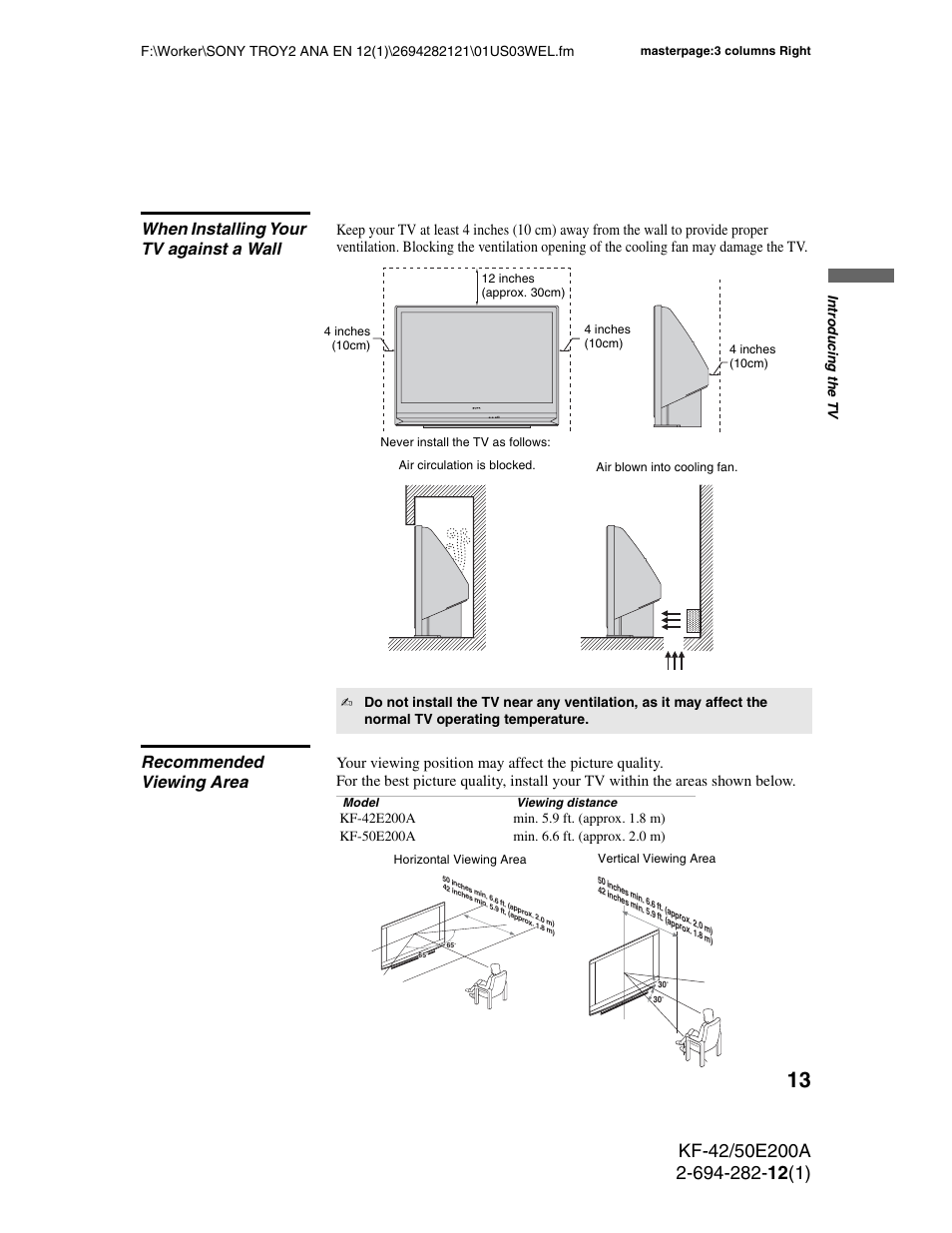 When installing your tv against a wall, Recommended viewing area | Sony GRAND WEGA 2-694-282-13(1) User Manual | Page 13 / 83