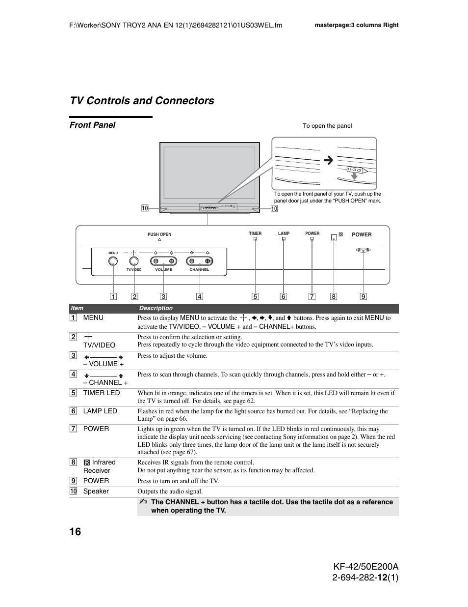 Tv controls and connectors, Front panel | Sony GRAND WEGA 2-694-282-13(1) User Manual | Page 16 / 83