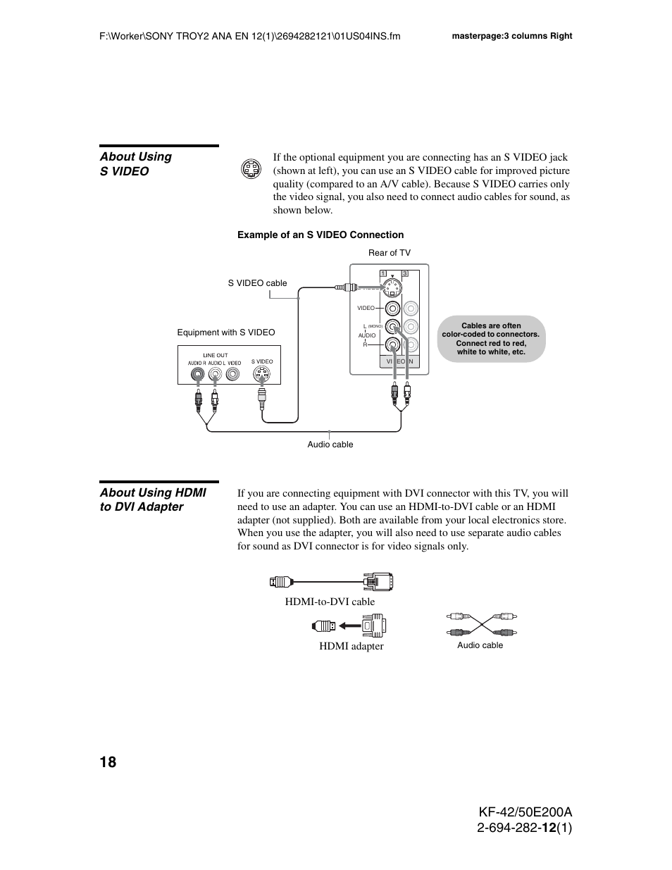 About using svideo, About using hdmi to dvi adapter, About using s video | Sony GRAND WEGA 2-694-282-13(1) User Manual | Page 18 / 83