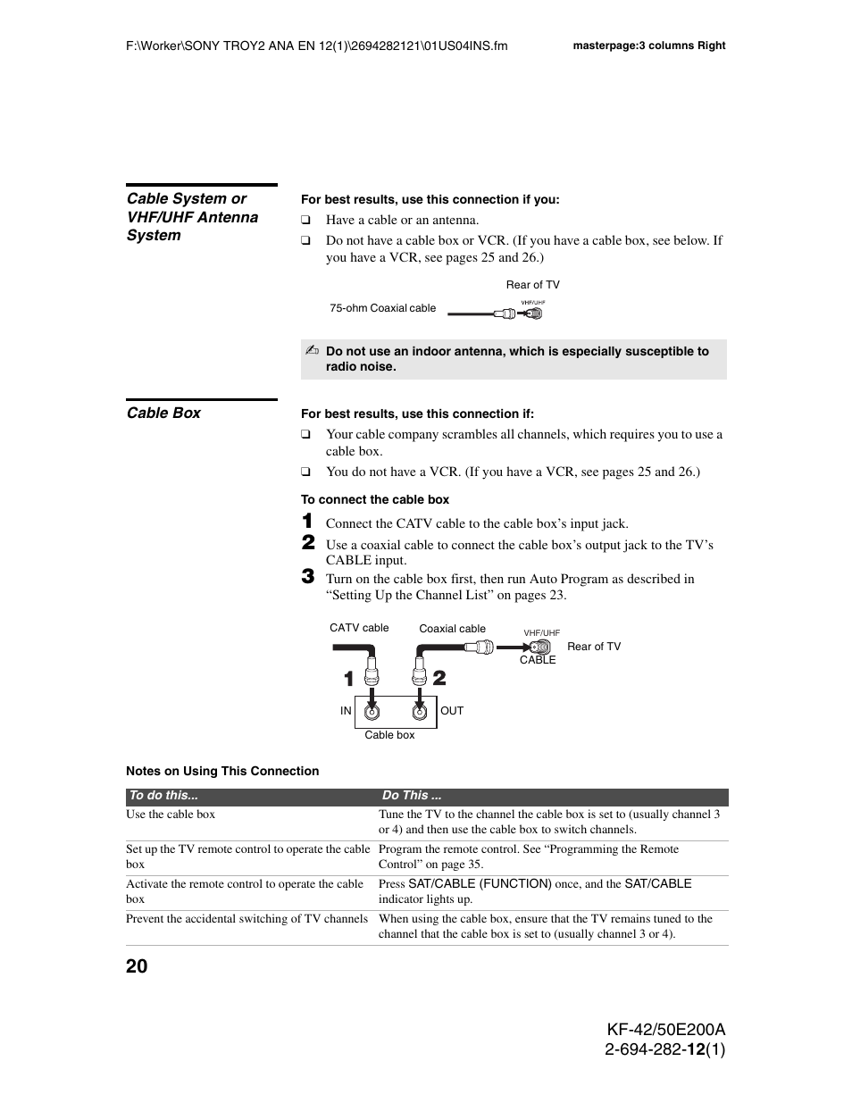 Cable system or vhf/uhf antenna system, Cable box, Cable system or vhf/uhf antenna system cable box | Sony GRAND WEGA 2-694-282-13(1) User Manual | Page 20 / 83