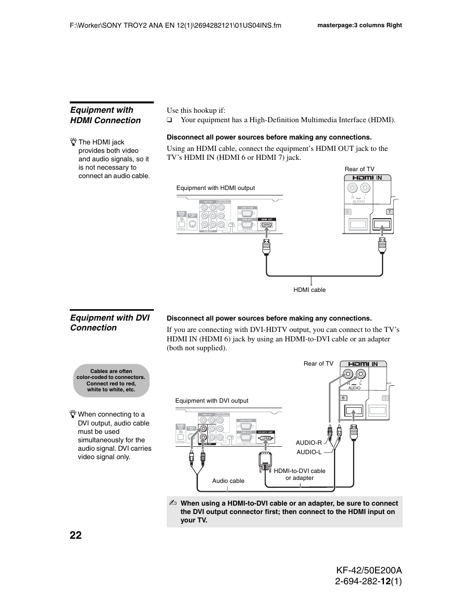 Equipment with hdmi connection, Equipment with dvi connection | Sony GRAND WEGA 2-694-282-13(1) User Manual | Page 22 / 83