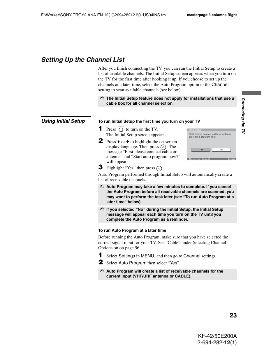 Setting up the channel list, Using initial setup | Sony GRAND WEGA 2-694-282-13(1) User Manual | Page 23 / 83