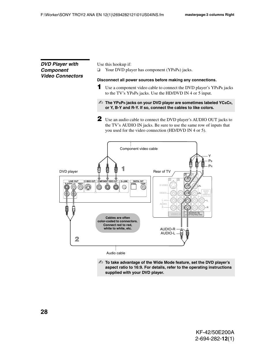 Dvd player with component video connectors, Use this hookup if, Your dvd player has component (yp | Jacks, Jacks to the tv’s yp, Jacks. use the hd/dvd in 4 or 5 input | Sony GRAND WEGA 2-694-282-13(1) User Manual | Page 28 / 83