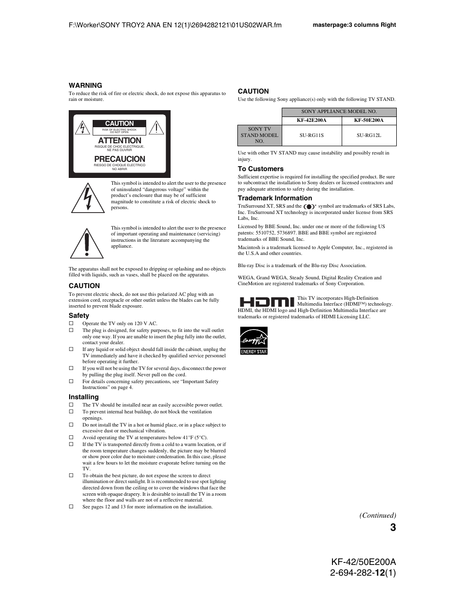 Attention, Precaucion, Continued) | Sony GRAND WEGA 2-694-282-13(1) User Manual | Page 3 / 83