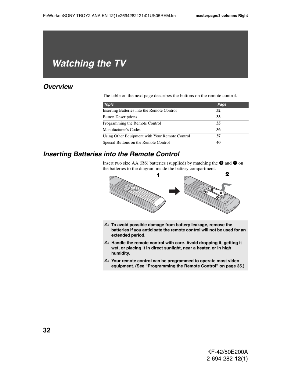 Watching the tv, Overview, Inserting batteries into the remote control | Sony GRAND WEGA 2-694-282-13(1) User Manual | Page 32 / 83