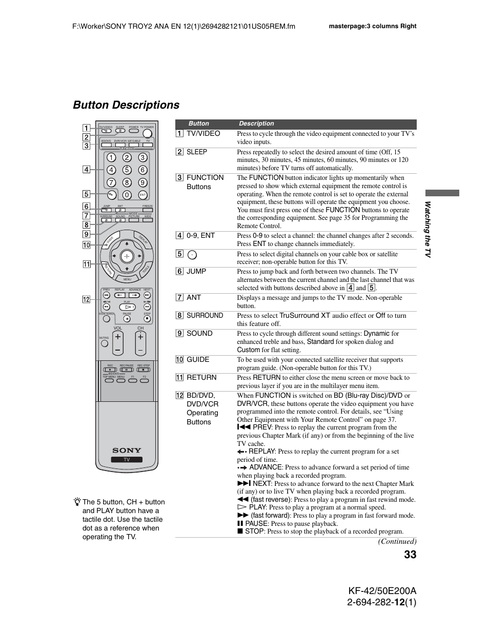 Button descriptions, Continued) | Sony GRAND WEGA 2-694-282-13(1) User Manual | Page 33 / 83