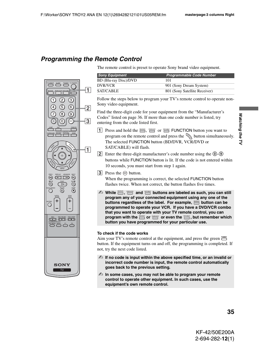 Programming the remote control, Function, While | Sony GRAND WEGA 2-694-282-13(1) User Manual | Page 35 / 83