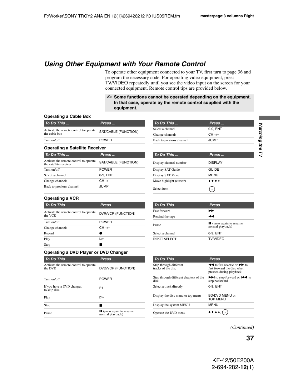 Using other equipment with your remote control, Using other equipment with your remote, Control | Continued) | Sony GRAND WEGA 2-694-282-13(1) User Manual | Page 37 / 83