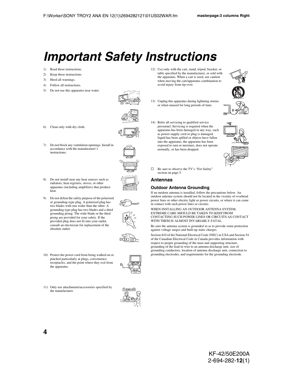 Important safety instructions | Sony GRAND WEGA 2-694-282-13(1) User Manual | Page 4 / 83