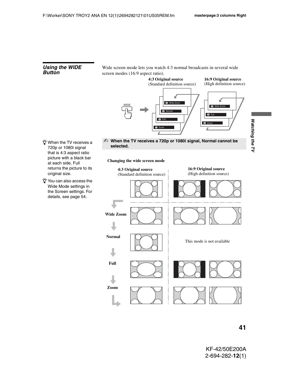 Using the wide button | Sony GRAND WEGA 2-694-282-13(1) User Manual | Page 41 / 83