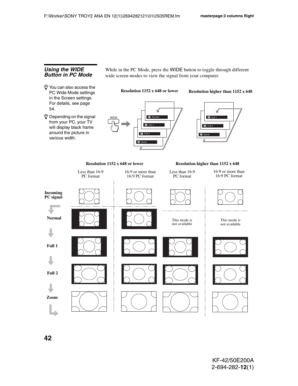 Using the wide button in pc mode | Sony GRAND WEGA 2-694-282-13(1) User Manual | Page 42 / 83