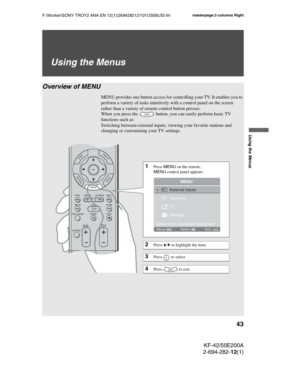 Using the menus, Overview of menu | Sony GRAND WEGA 2-694-282-13(1) User Manual | Page 43 / 83