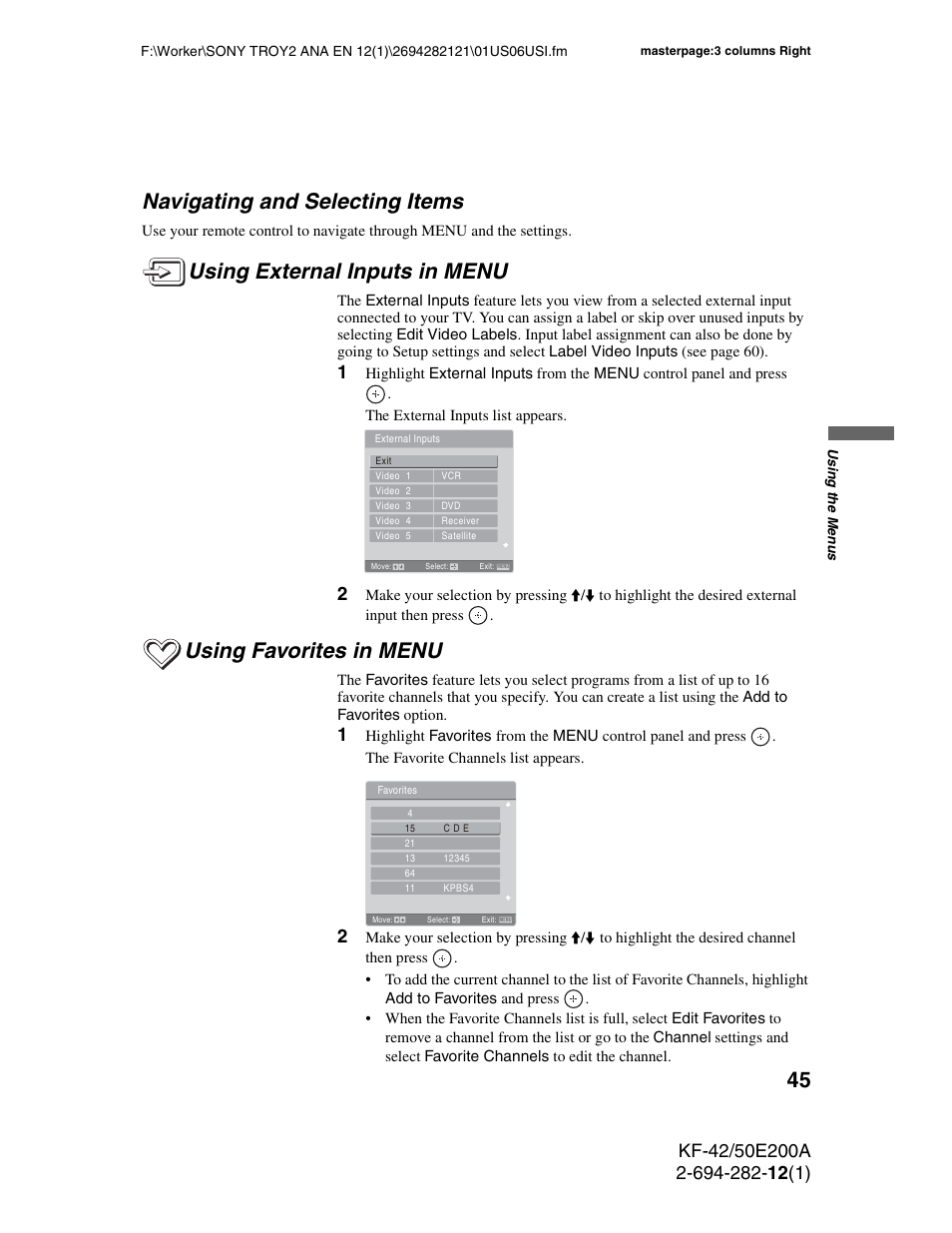 Navigating and selecting items, Using external inputs in menu, Using favorites in menu | Sony GRAND WEGA 2-694-282-13(1) User Manual | Page 45 / 83