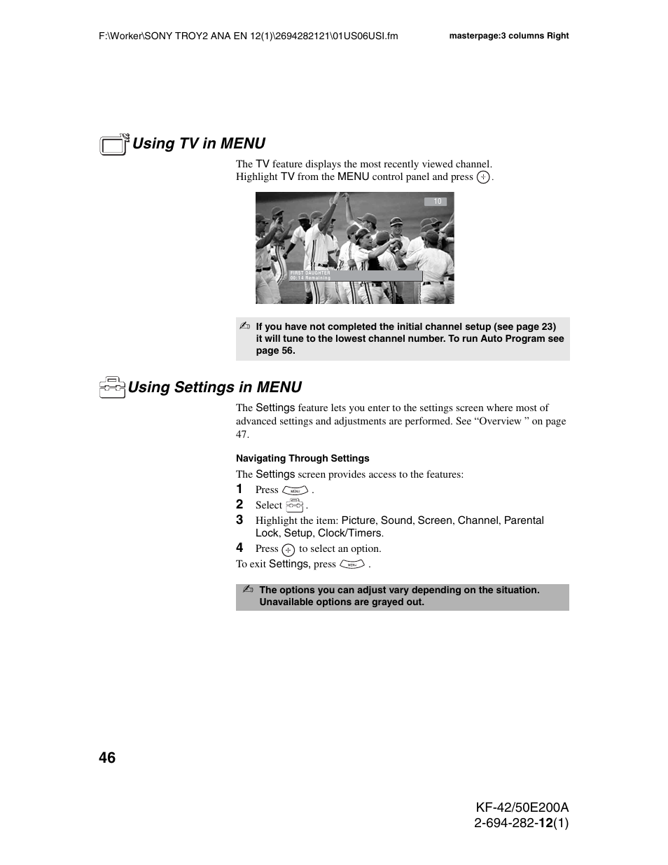 Using tv in menu, Using settings in menu, Using tv in menu using settings in menu | Sony GRAND WEGA 2-694-282-13(1) User Manual | Page 46 / 83