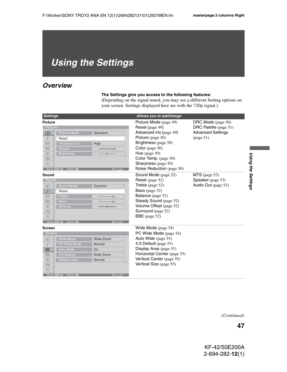 Using the settings, Overview, Using the settings on | Continued) | Sony GRAND WEGA 2-694-282-13(1) User Manual | Page 47 / 83