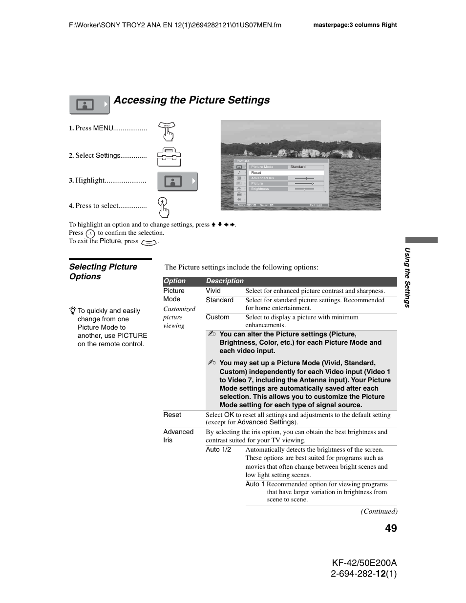 Accessing the picture settings, Selecting picture options | Sony GRAND WEGA 2-694-282-13(1) User Manual | Page 49 / 83