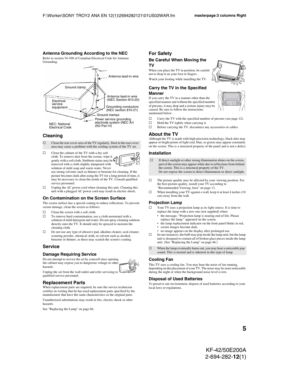 Cleaning, Service, Replacement parts | For safety, About the tv | Sony GRAND WEGA 2-694-282-13(1) User Manual | Page 5 / 83