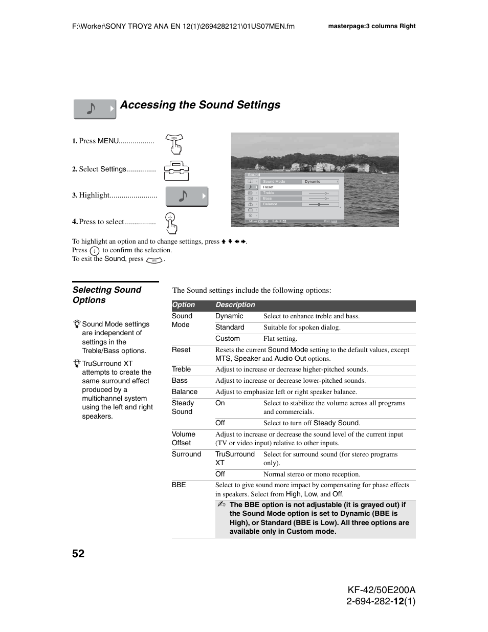 Accessing the sound settings, Selecting sound options | Sony GRAND WEGA 2-694-282-13(1) User Manual | Page 52 / 83