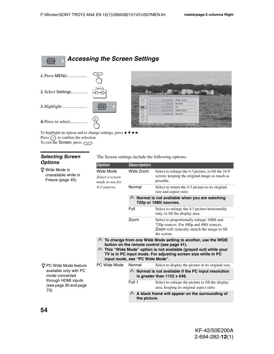 Accessing the screen settings, Selecting screen options | Sony GRAND WEGA 2-694-282-13(1) User Manual | Page 54 / 83