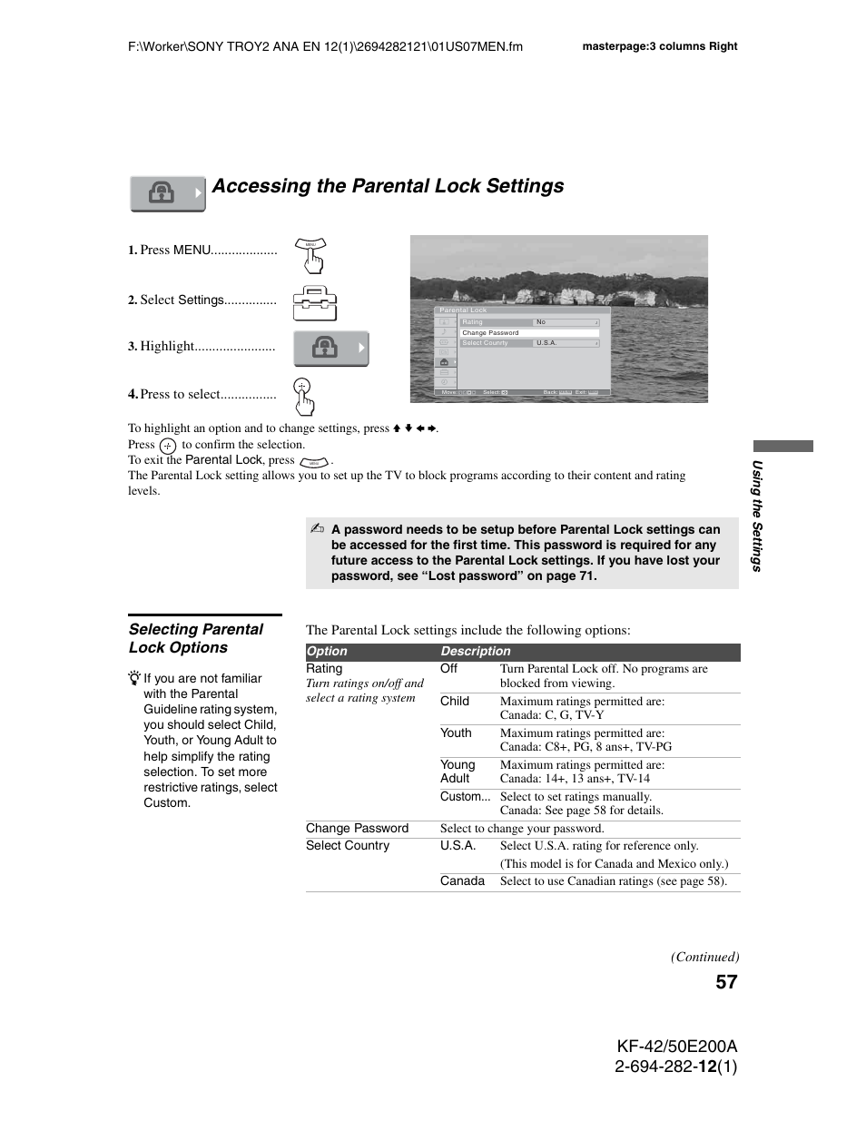 Accessing the parental lock settings, Selecting parental lock options | Sony GRAND WEGA 2-694-282-13(1) User Manual | Page 57 / 83