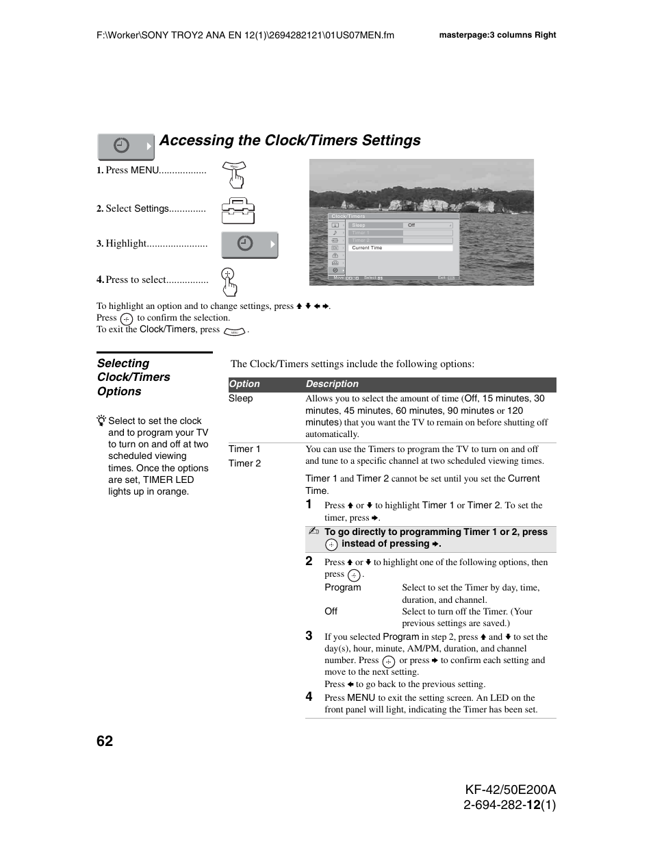 Accessing the clock/timers settings, Selecting clock/timers options | Sony GRAND WEGA 2-694-282-13(1) User Manual | Page 62 / 83