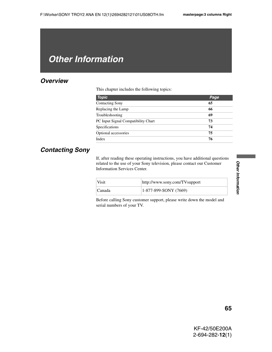 Other information, Overview, Contacting sony | Overview contacting sony | Sony GRAND WEGA 2-694-282-13(1) User Manual | Page 65 / 83