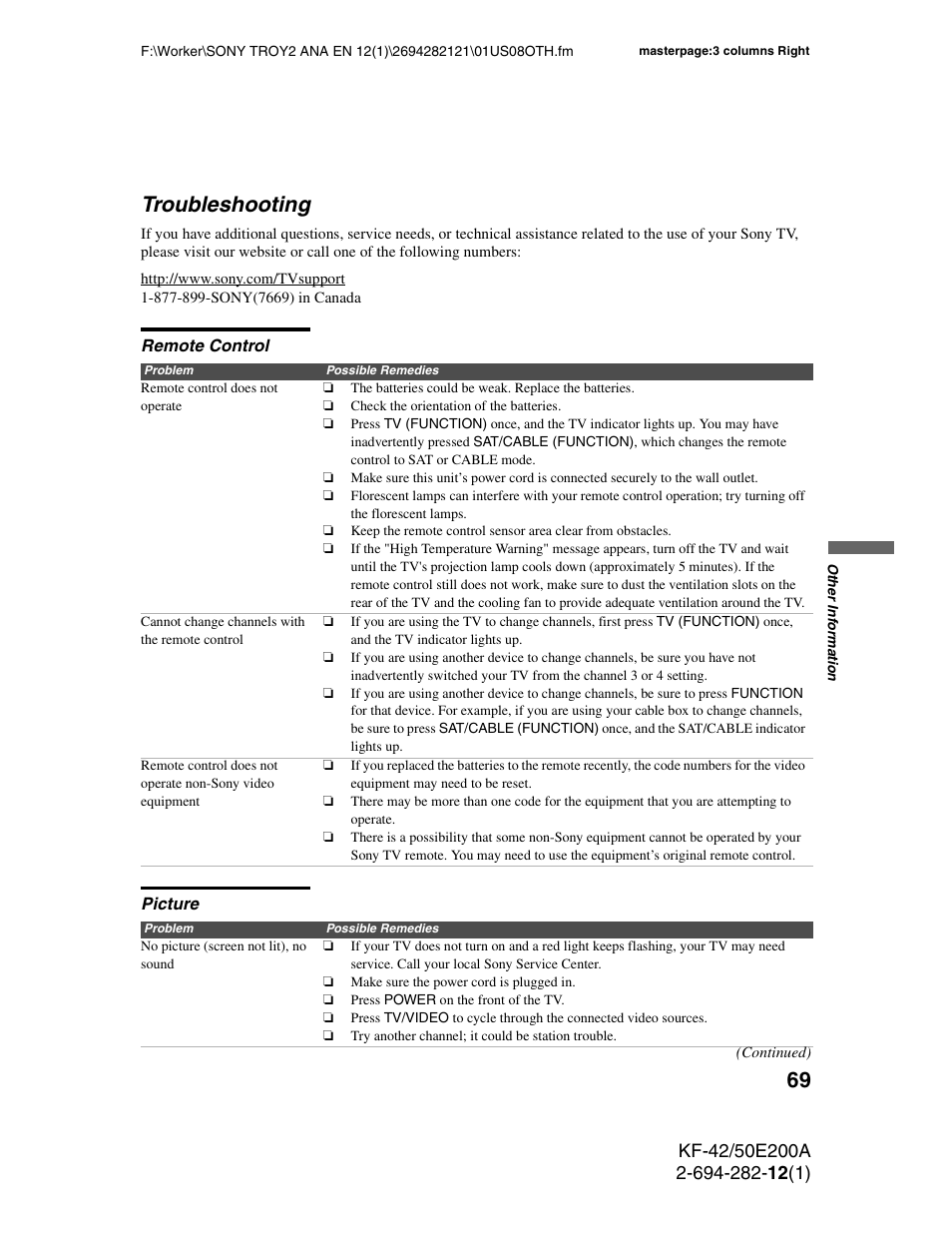 Troubleshooting, Remote control, Picture | Remote control picture | Sony GRAND WEGA 2-694-282-13(1) User Manual | Page 69 / 83