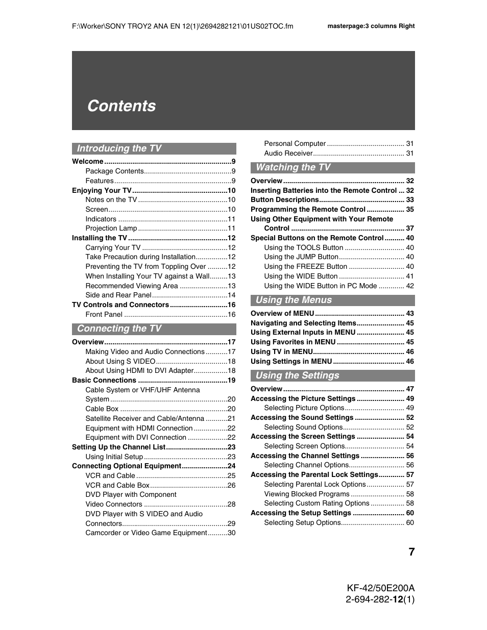 Sony GRAND WEGA 2-694-282-13(1) User Manual | Page 7 / 83