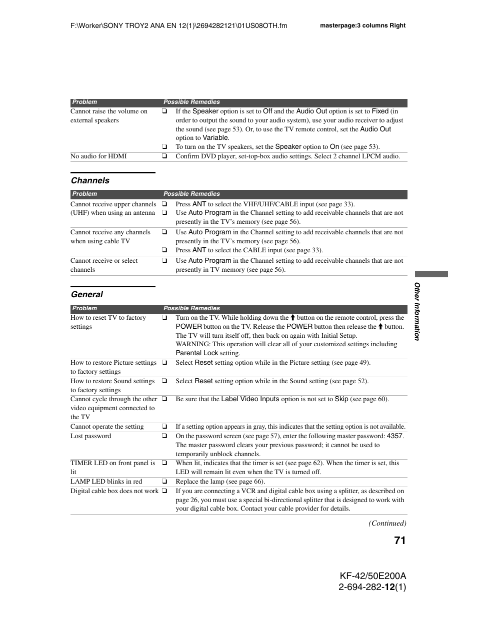 Channels, General, Channels general | Sony GRAND WEGA 2-694-282-13(1) User Manual | Page 71 / 83