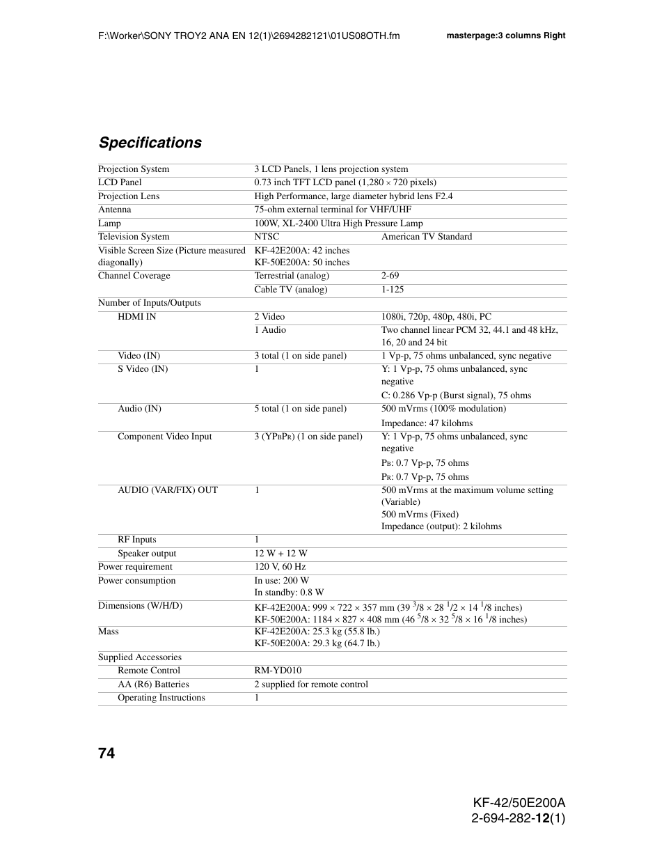 Specifications | Sony GRAND WEGA 2-694-282-13(1) User Manual | Page 74 / 83