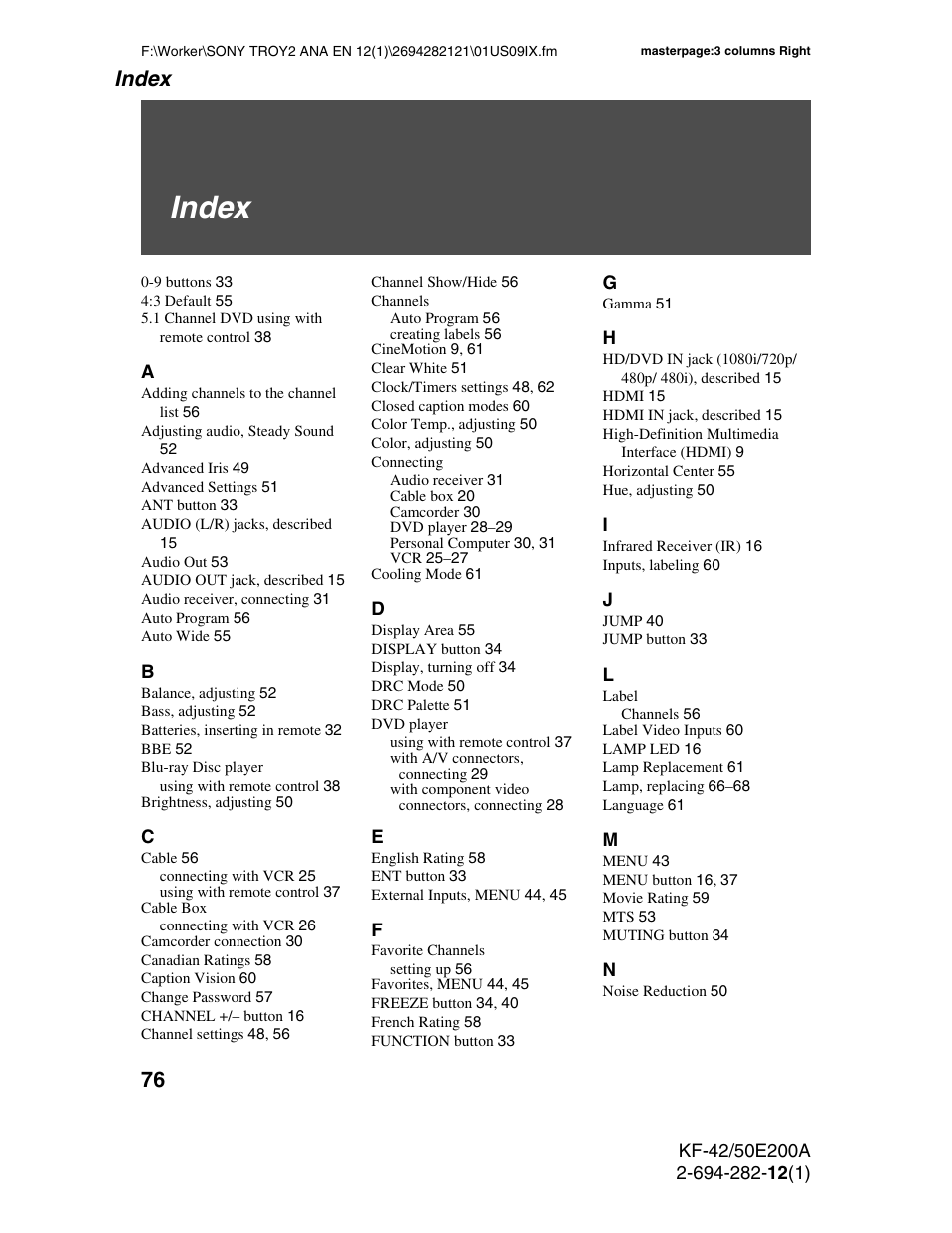 Index | Sony GRAND WEGA 2-694-282-13(1) User Manual | Page 76 / 83