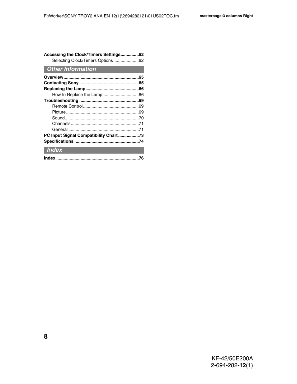 Sony GRAND WEGA 2-694-282-13(1) User Manual | Page 8 / 83