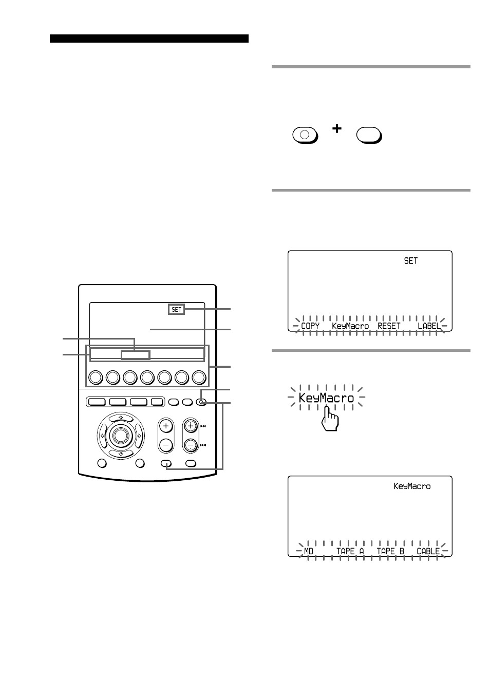 Executing a 4-step macro with a single key press, While pressing commander off, press muting, Press the keymacro key | Set” appears on the mode display key | Sony RM-AV3100 User Manual | Page 62 / 112