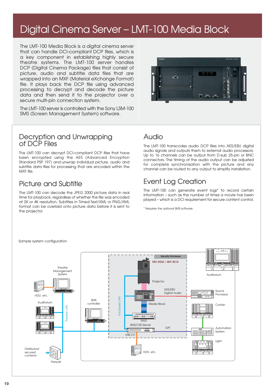 Digital cinema server – lmt-100 media block, Audio, Event log creation | Decryption and unwrapping of dcp files, Picture and subtitle | Sony SRX-R210 User Manual | Page 10 / 14