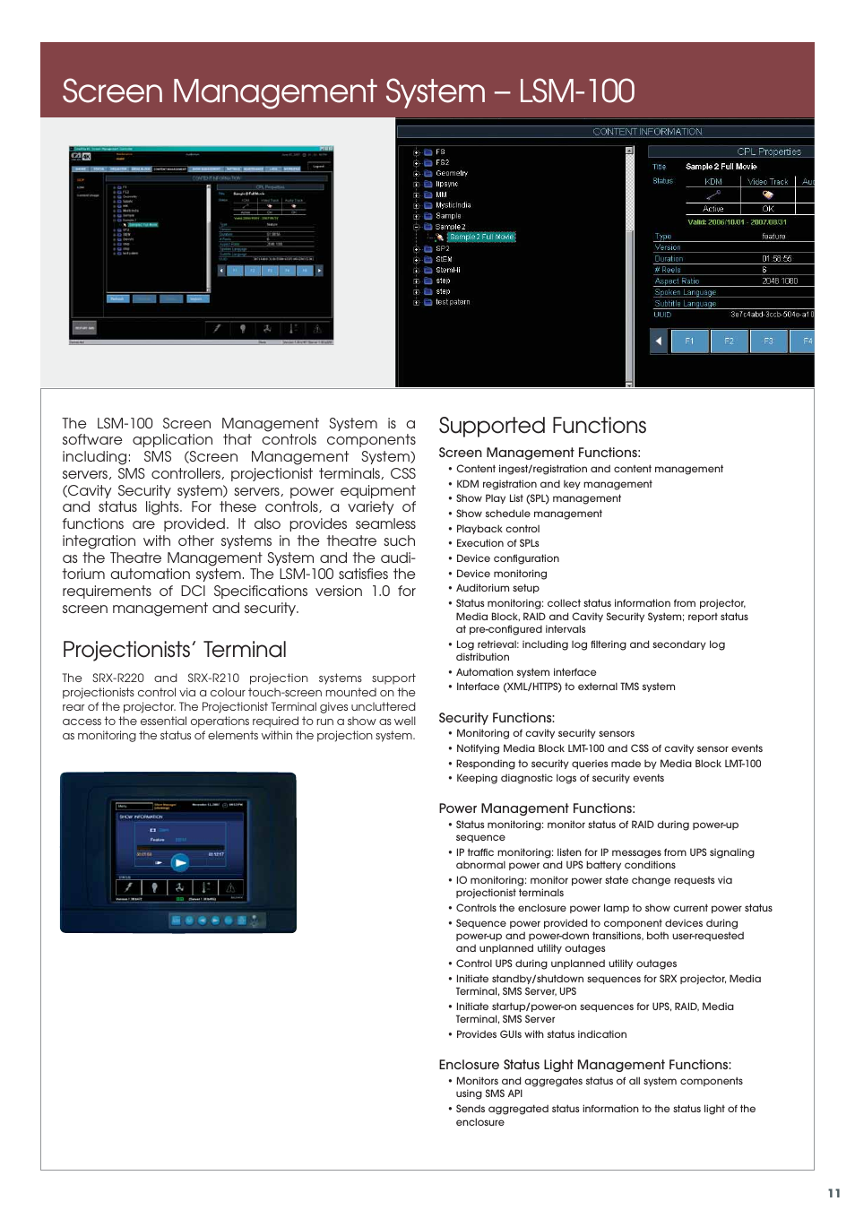 Screen management system – lsm-100, Supported functions, Projectionists’ terminal | Sony SRX-R210 User Manual | Page 11 / 14