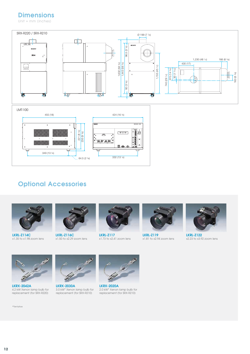 Optional accessories dimensions, Lkrx-2020a, Lkrl-z116c | Lkrl-z114c, Lkrl-z122, Lkrx-2042a, Lkrl-z117, Lkrl-z119, Unit = mm (inches) | Sony SRX-R210 User Manual | Page 12 / 14