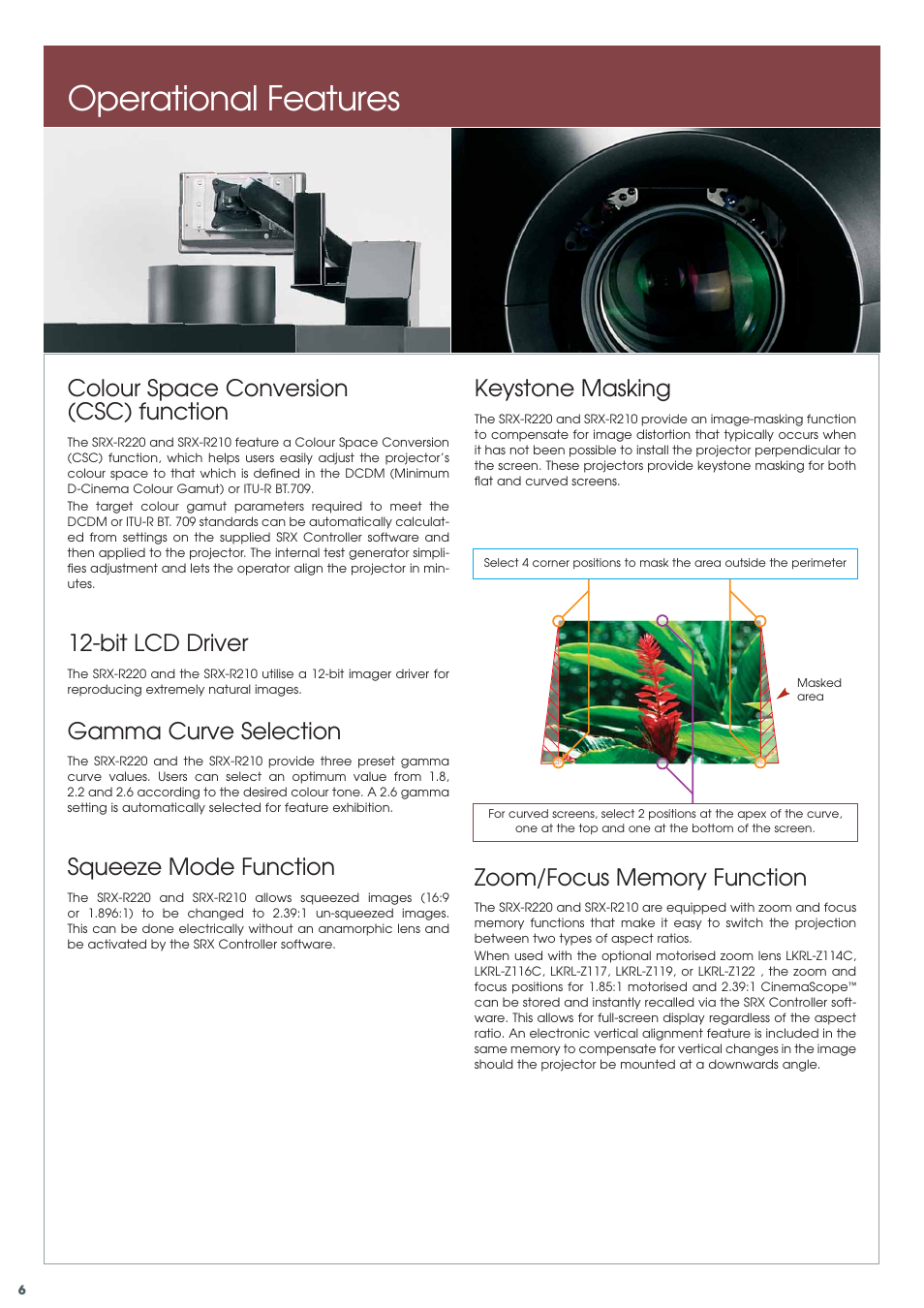 Operational features, Colour space conversion (csc) function, Bit lcd driver | Gamma curve selection, Squeeze mode function, Keystone masking | Sony SRX-R210 User Manual | Page 6 / 14