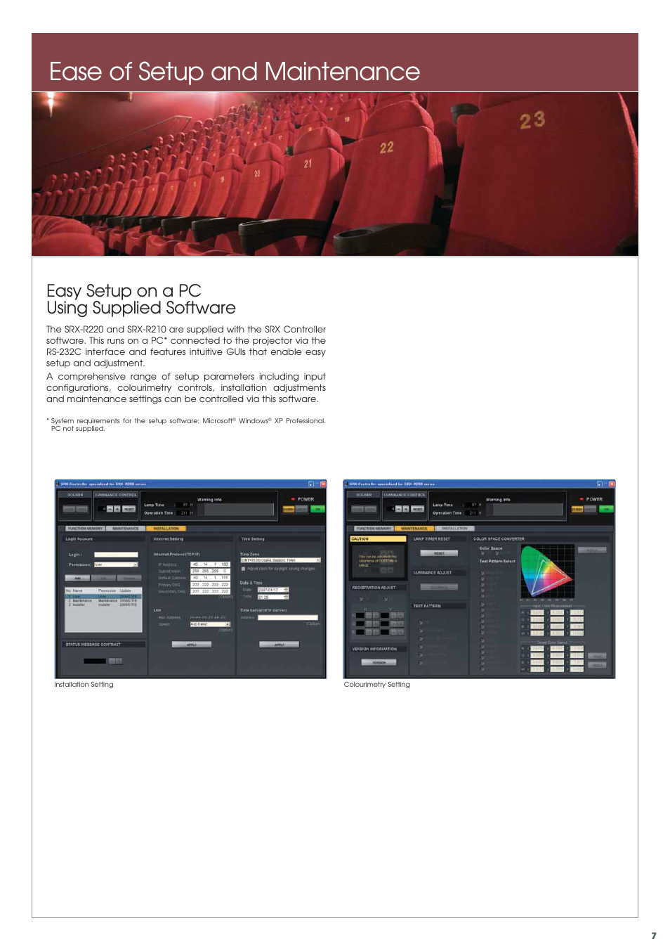 Ease of setup and maintenance, Easy setup on a pc using supplied software | Sony SRX-R210 User Manual | Page 7 / 14