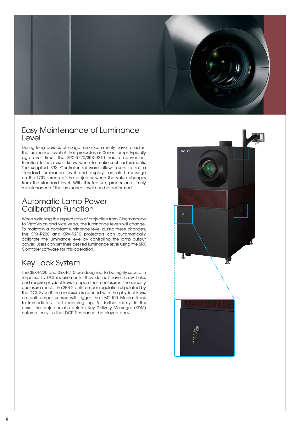 Easy maintenance of luminance level, Automatic lamp power calibration function, Key lock system | Sony SRX-R210 User Manual | Page 8 / 14