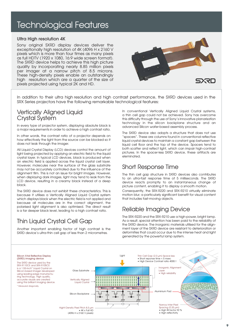 Technological features, Short response time, Reliable imaging device | Vertically aligned liquid crystal system, Thin liquid crystal cell gap, Ultra high resolution 4k | Sony SRX-R210 User Manual | Page 9 / 14