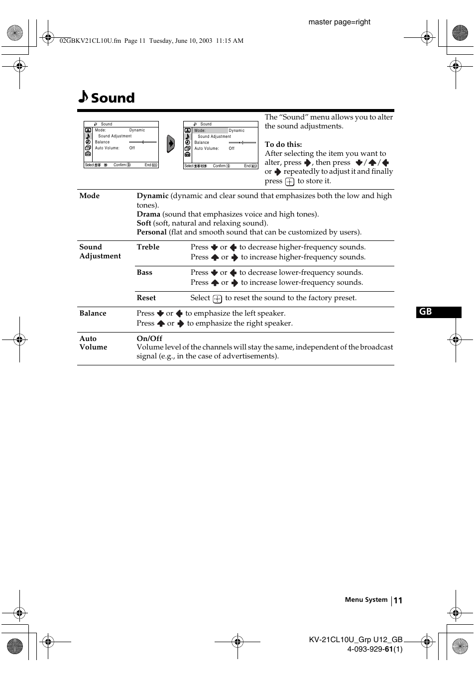 Sound | Sony KV-21CL10U User Manual | Page 11 / 24