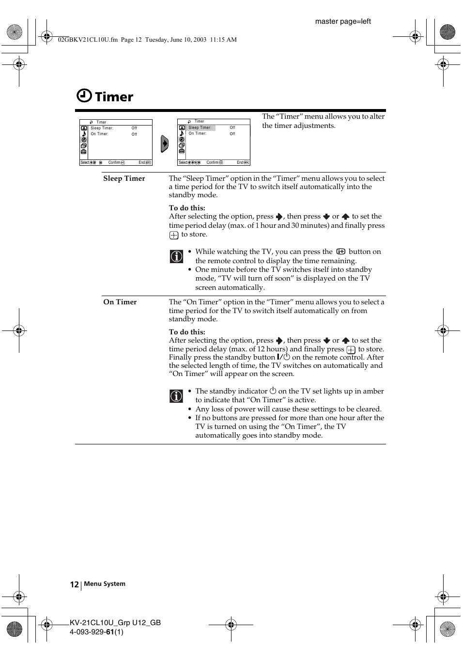 Timer | Sony KV-21CL10U User Manual | Page 12 / 24